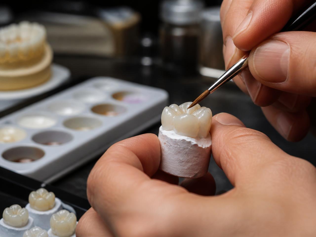 Ceramista maestro terminando a mano una corona de circonio en el laboratorio de AVF