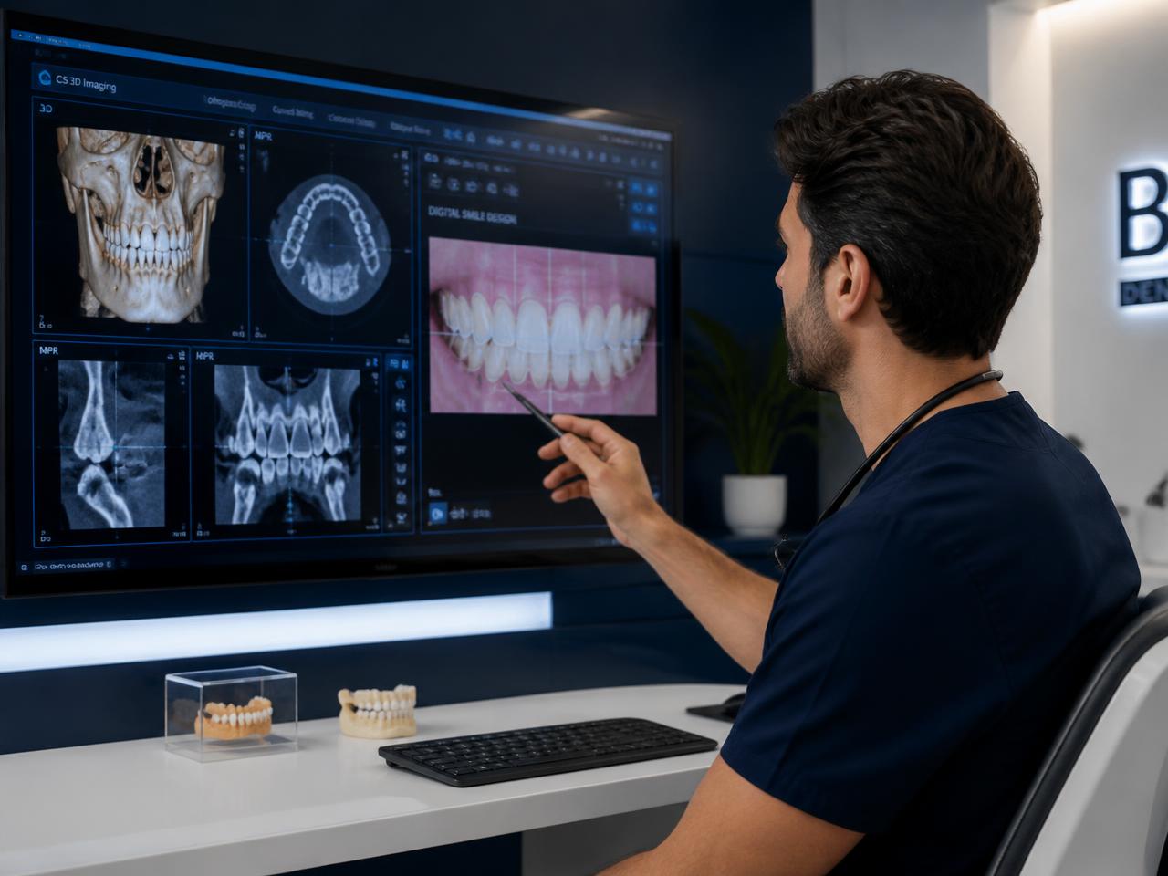 Dentista analizando un escaneo CBCT 3D y el diseño digital de sonrisa de una reconstrucción bucal completa