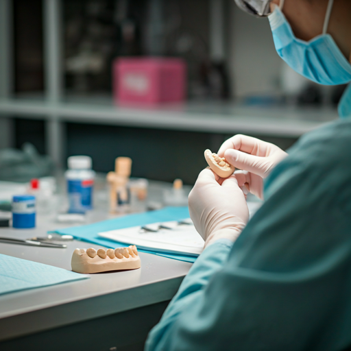 Technician checking the fit of a milled restoration against a dental model