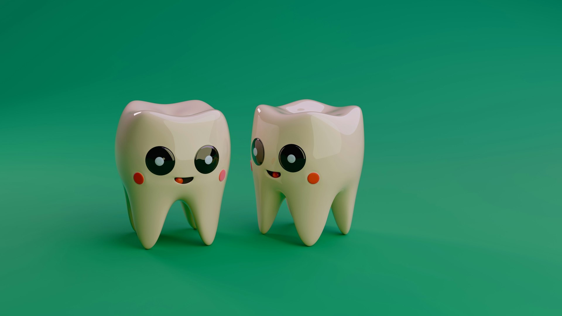Two cartoon teeth smiling on a green background